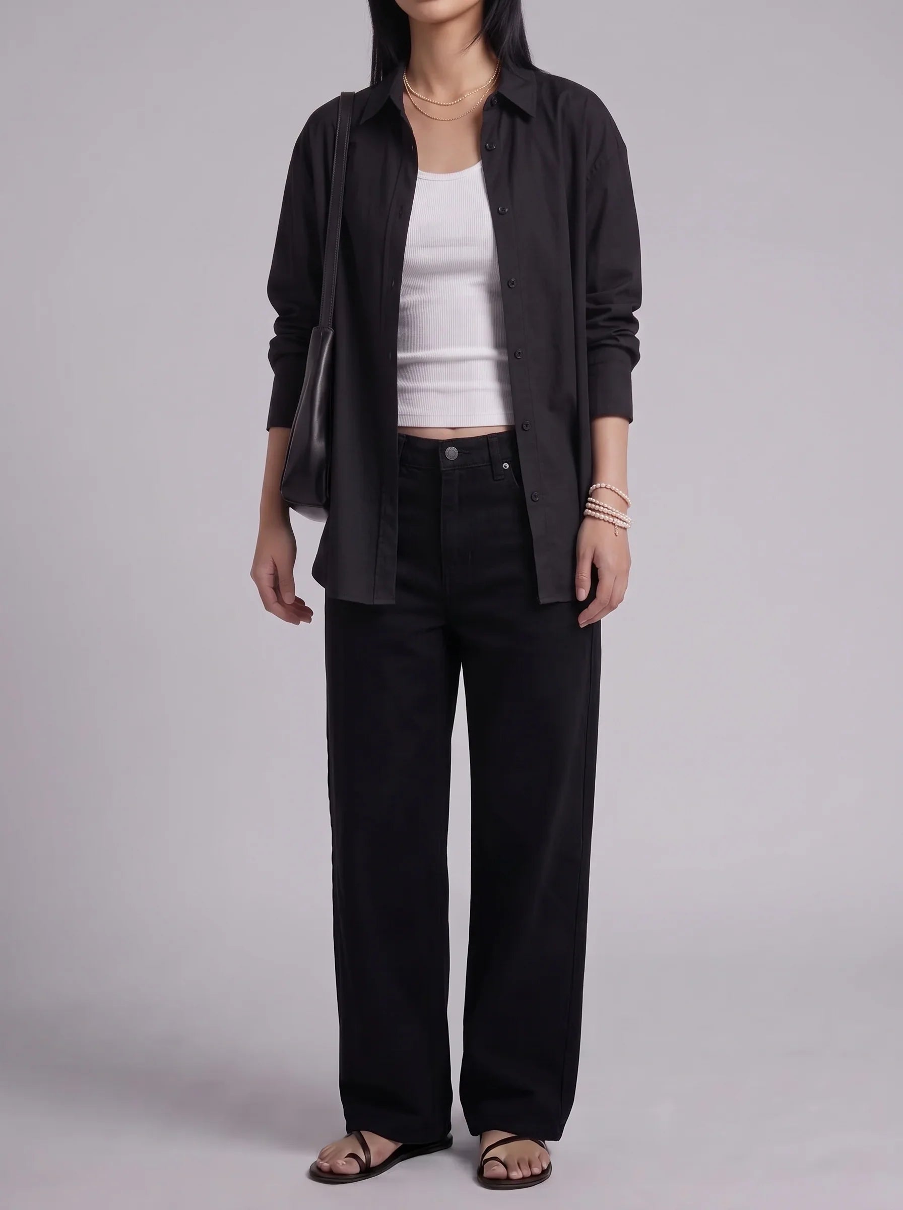 3Pc - Button Down Shirt With White Camisole & Black Wide Leg Jeans