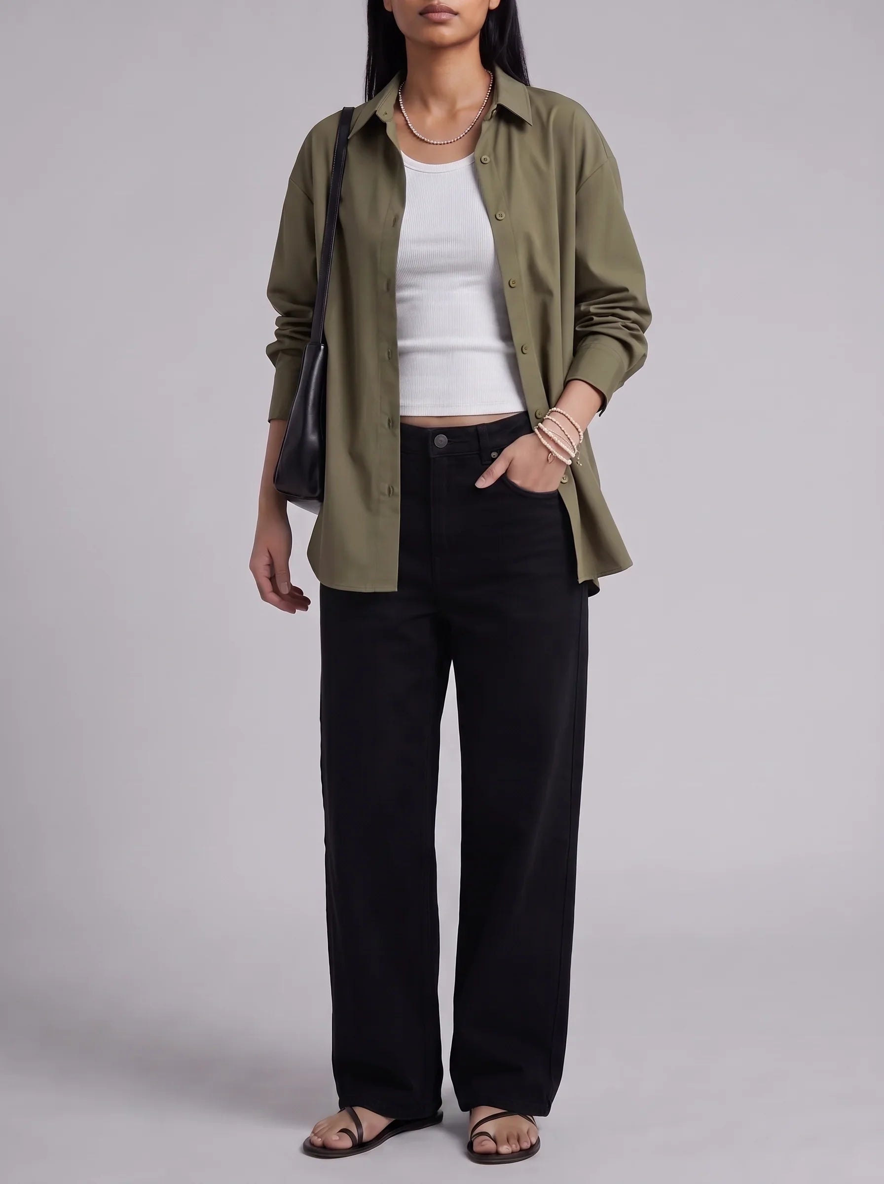 3Pc - Button Down Shirt With White Camisole & Black Wide Leg Jeans