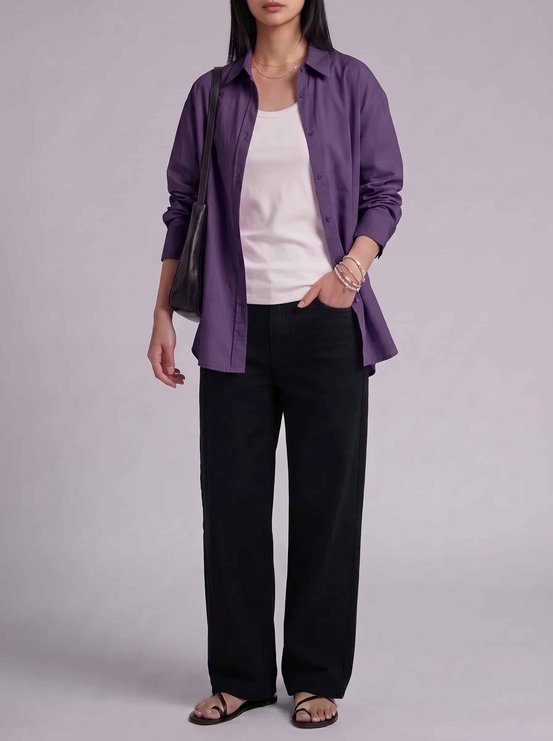 3Pc - Button Down Shirt With White Camisole & Black Wide Leg Jeans