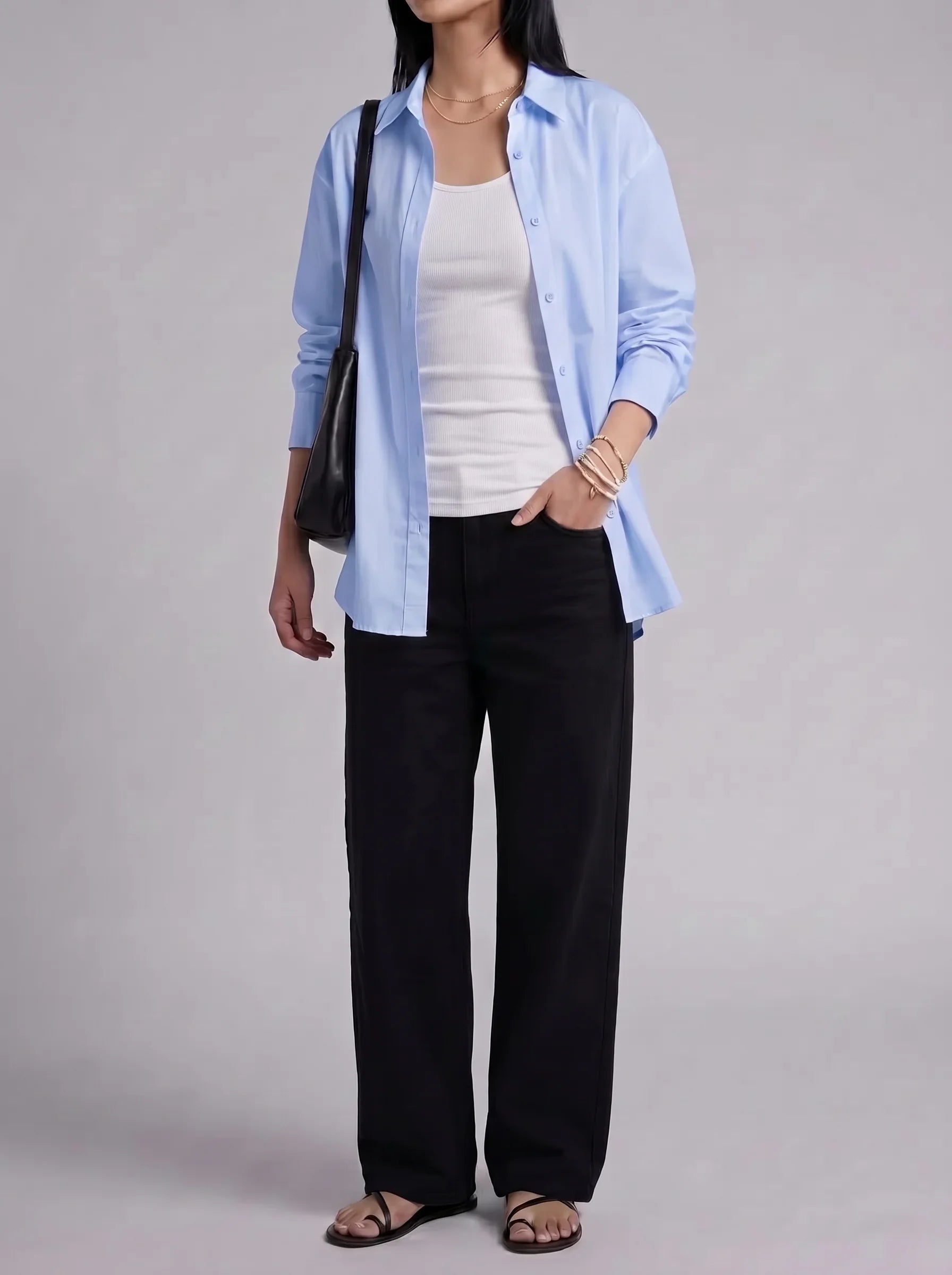 3Pc - Button Down Shirt With White Camisole & Black Wide Leg Jeans