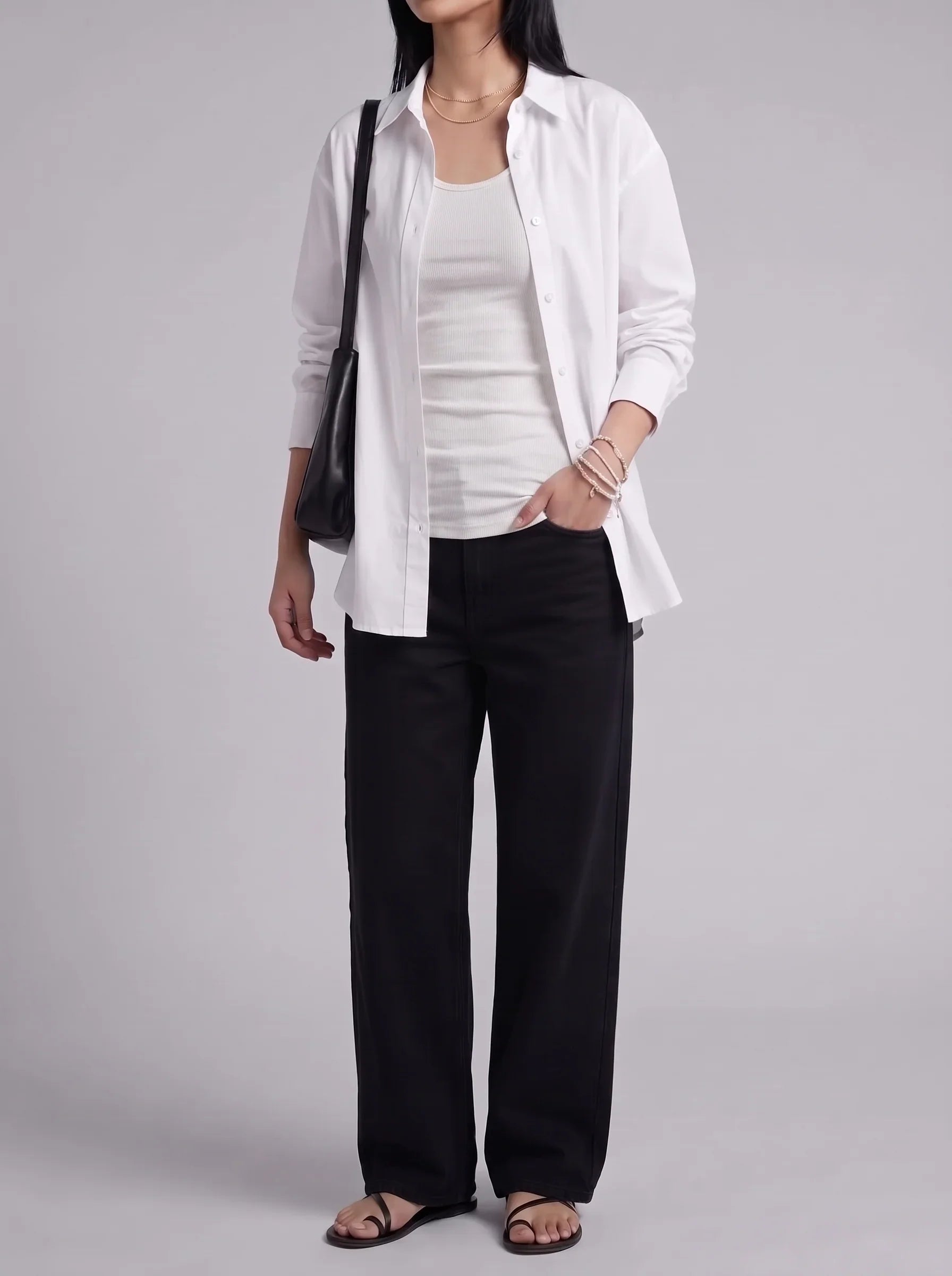3Pc - Button Down Shirt With White Camisole & Black Wide Leg Jeans