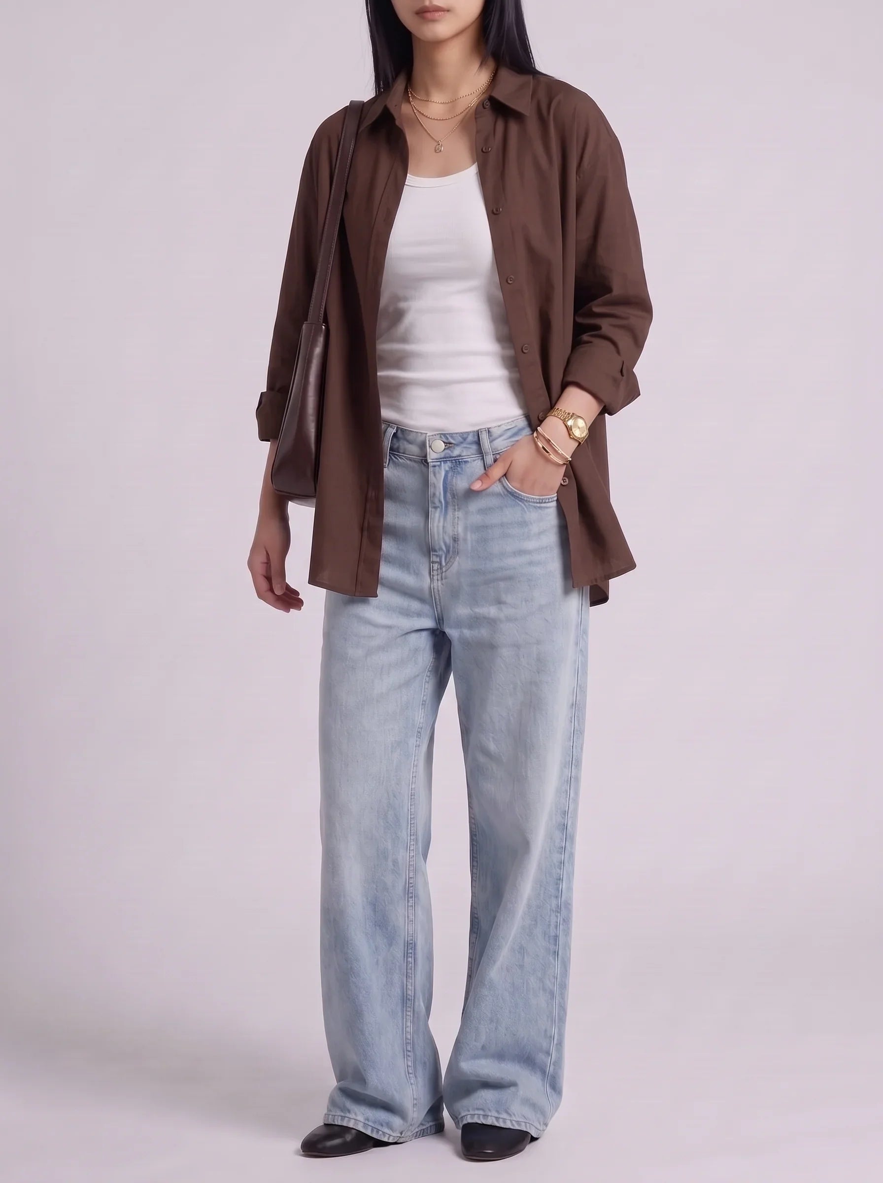 3Pc - Button Down Shirt With White Inner & Sky Blue Wide Leg Jeans