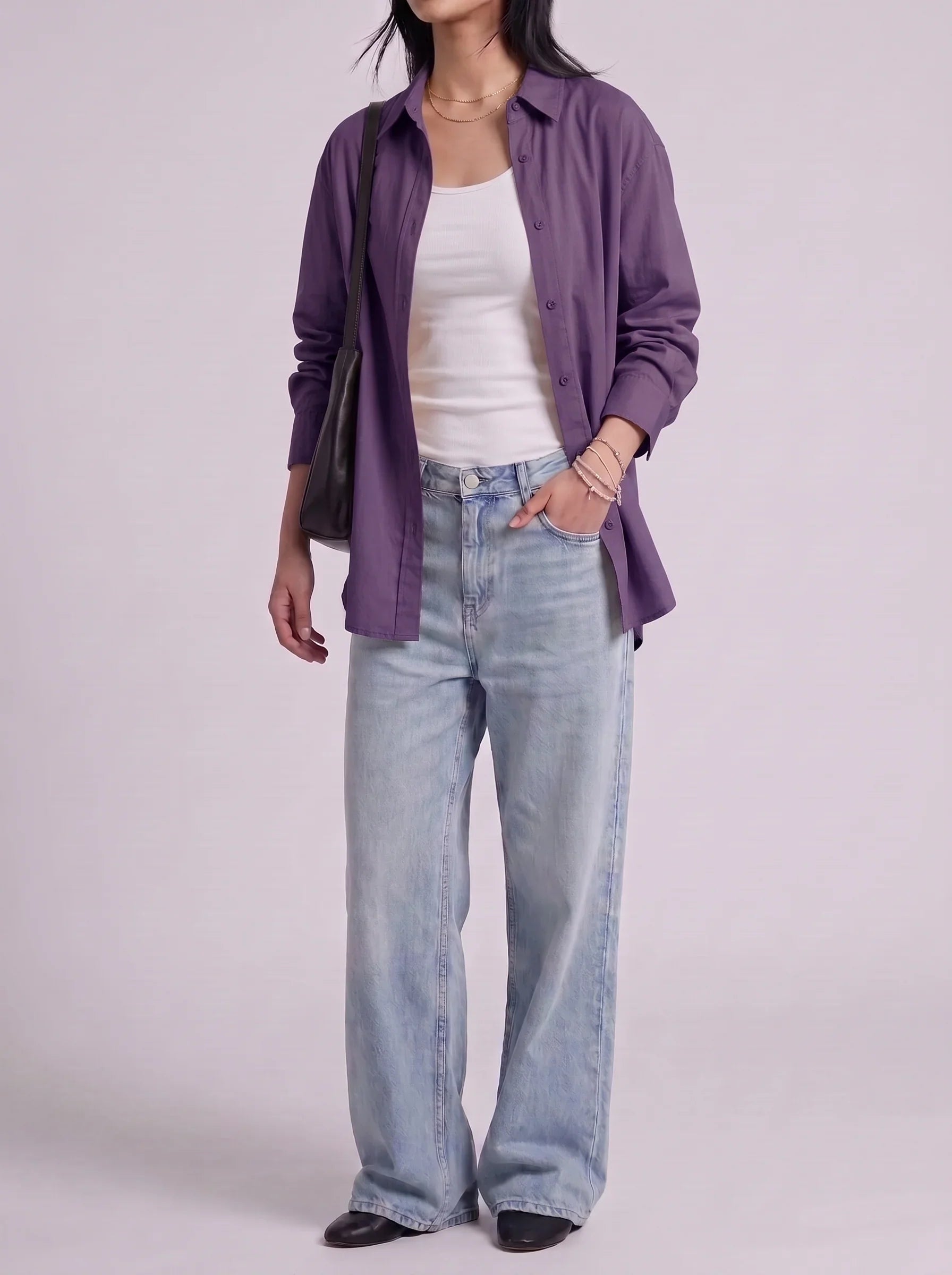 3Pc - Button Down Shirt With White Inner & Sky Blue Wide Leg Jeans