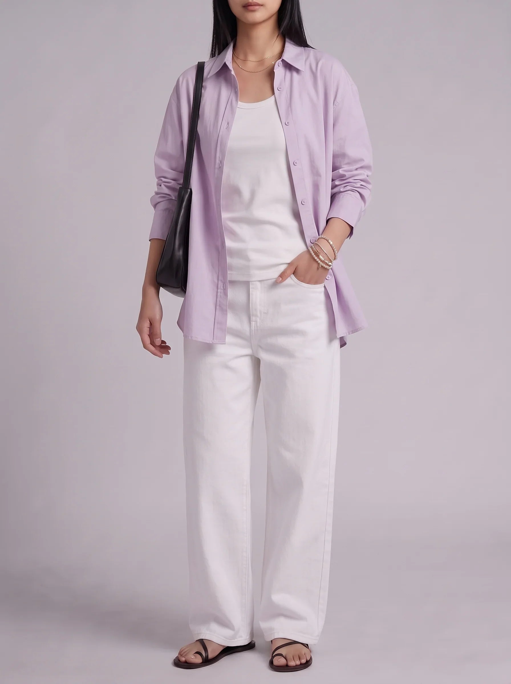 3Pc - Button Down Shirt With Inner & White Wide Leg Jeans