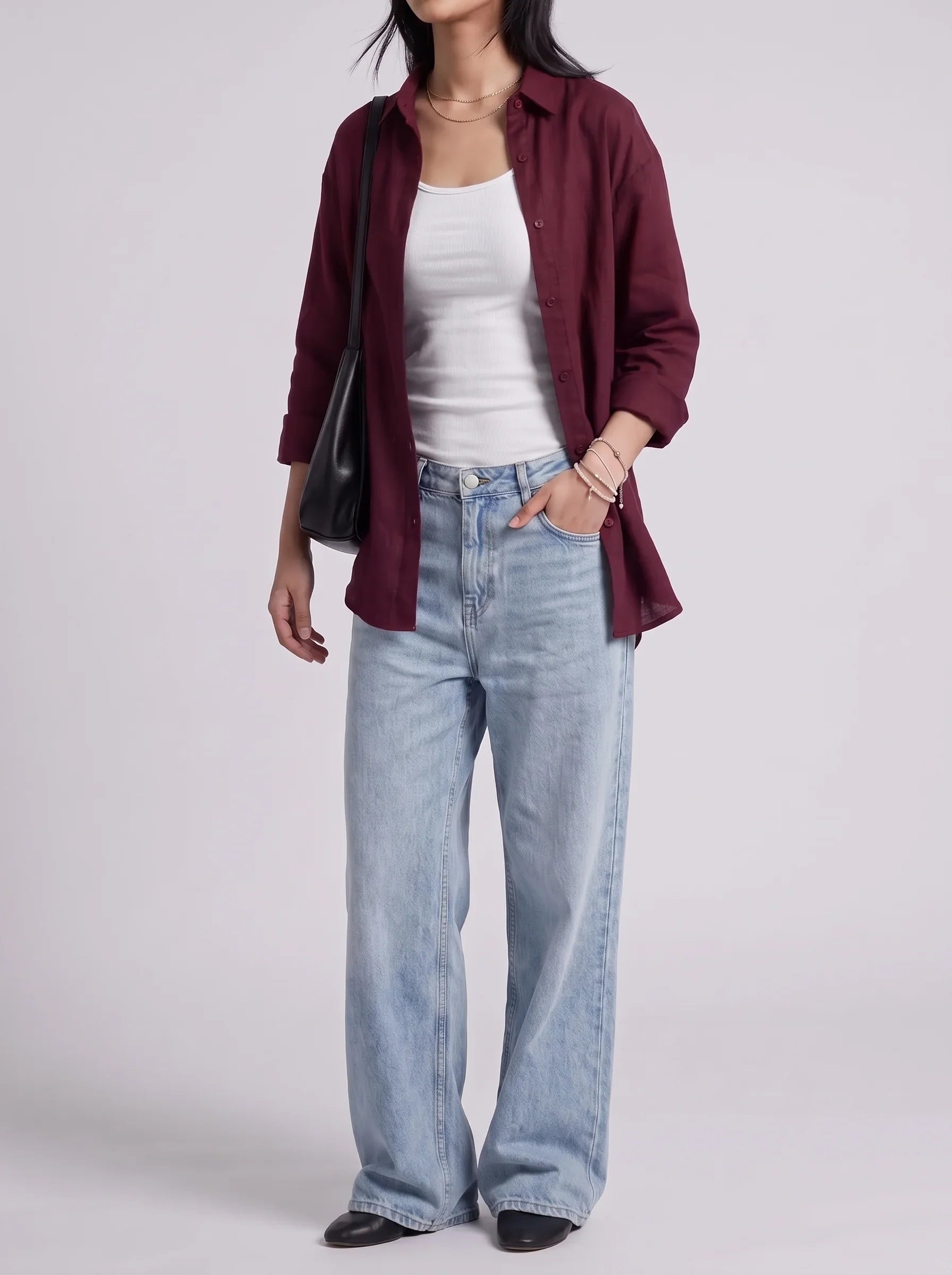 3Pc - Button Down Shirt With White Inner & Sky Blue Wide Leg Jeans