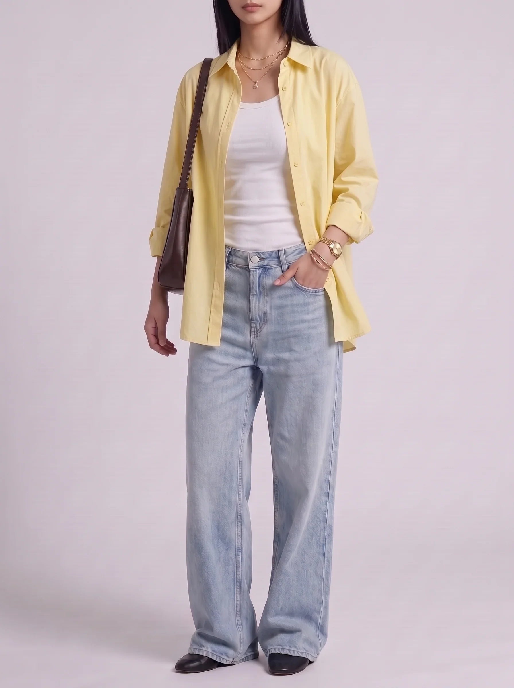 3Pc - Button Down Shirt With White Inner & Sky Blue Wide Leg Jeans