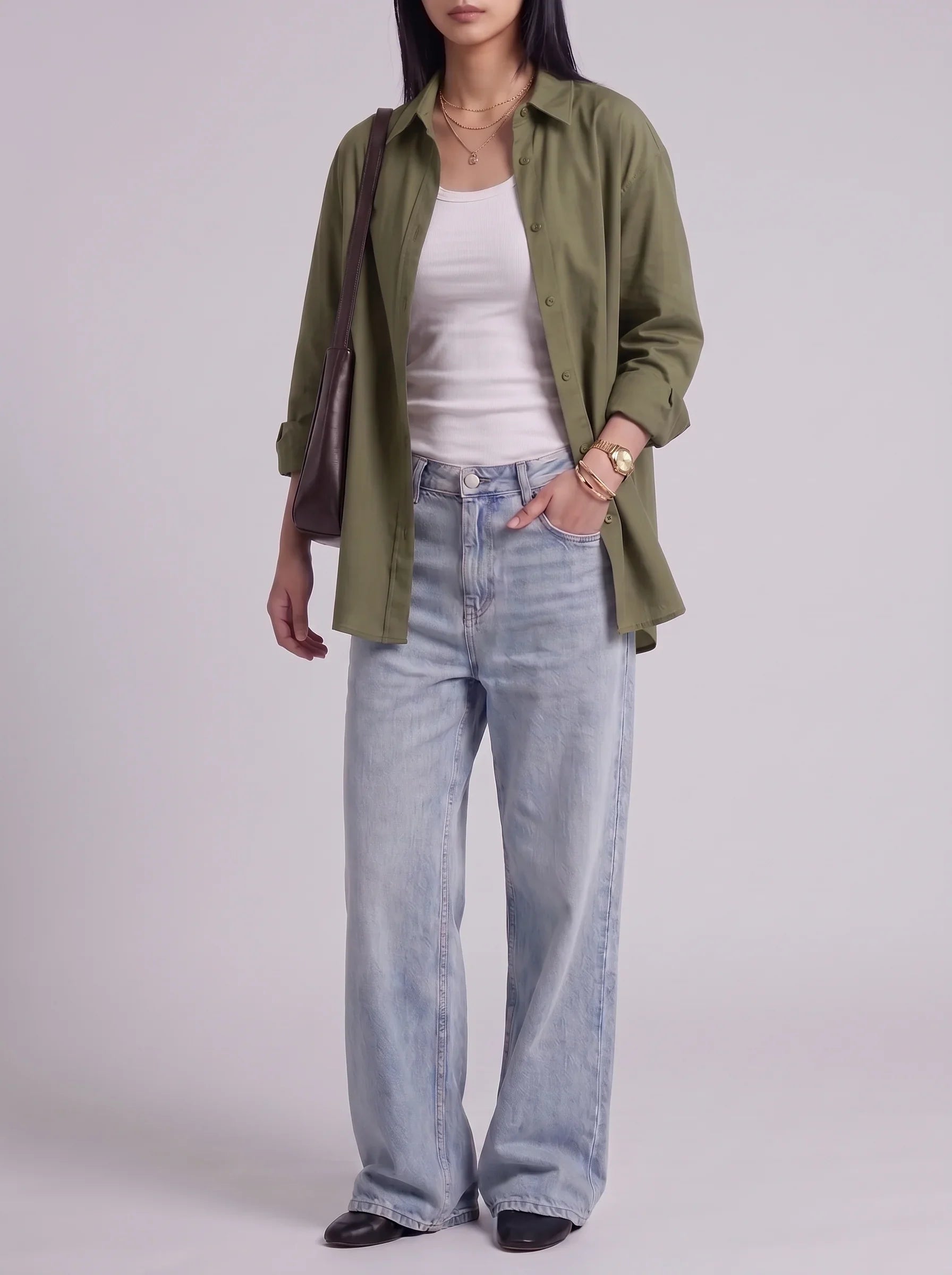 3Pc - Button Down Shirt With White Inner & Sky Blue Wide Leg Jeans