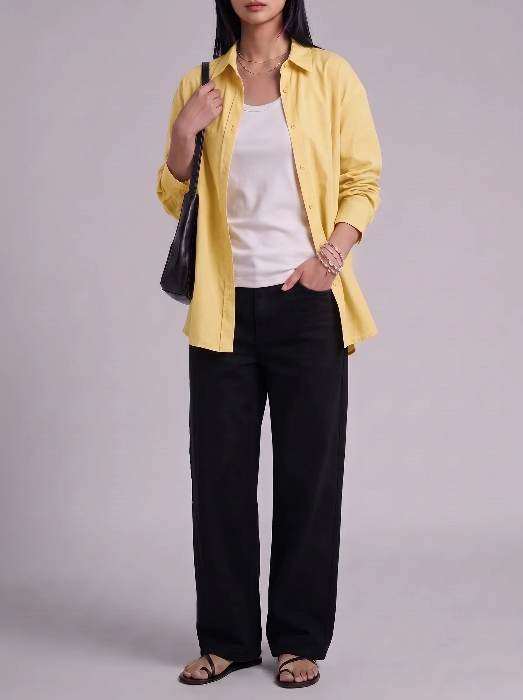 3Pc - Button Down Shirt With White Camisole & Black Wide Leg Jeans