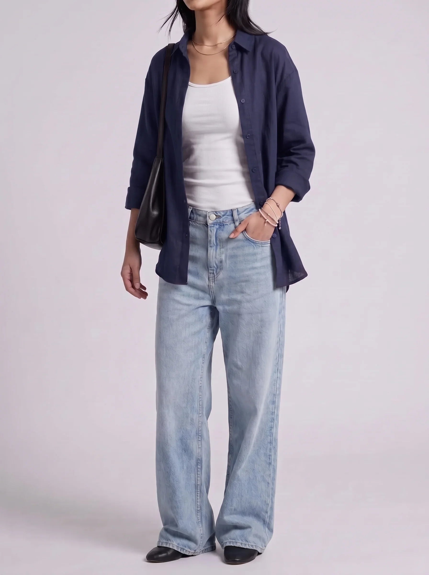 3Pc - Button Down Shirt With White Inner & Sky Blue Wide Leg Jeans