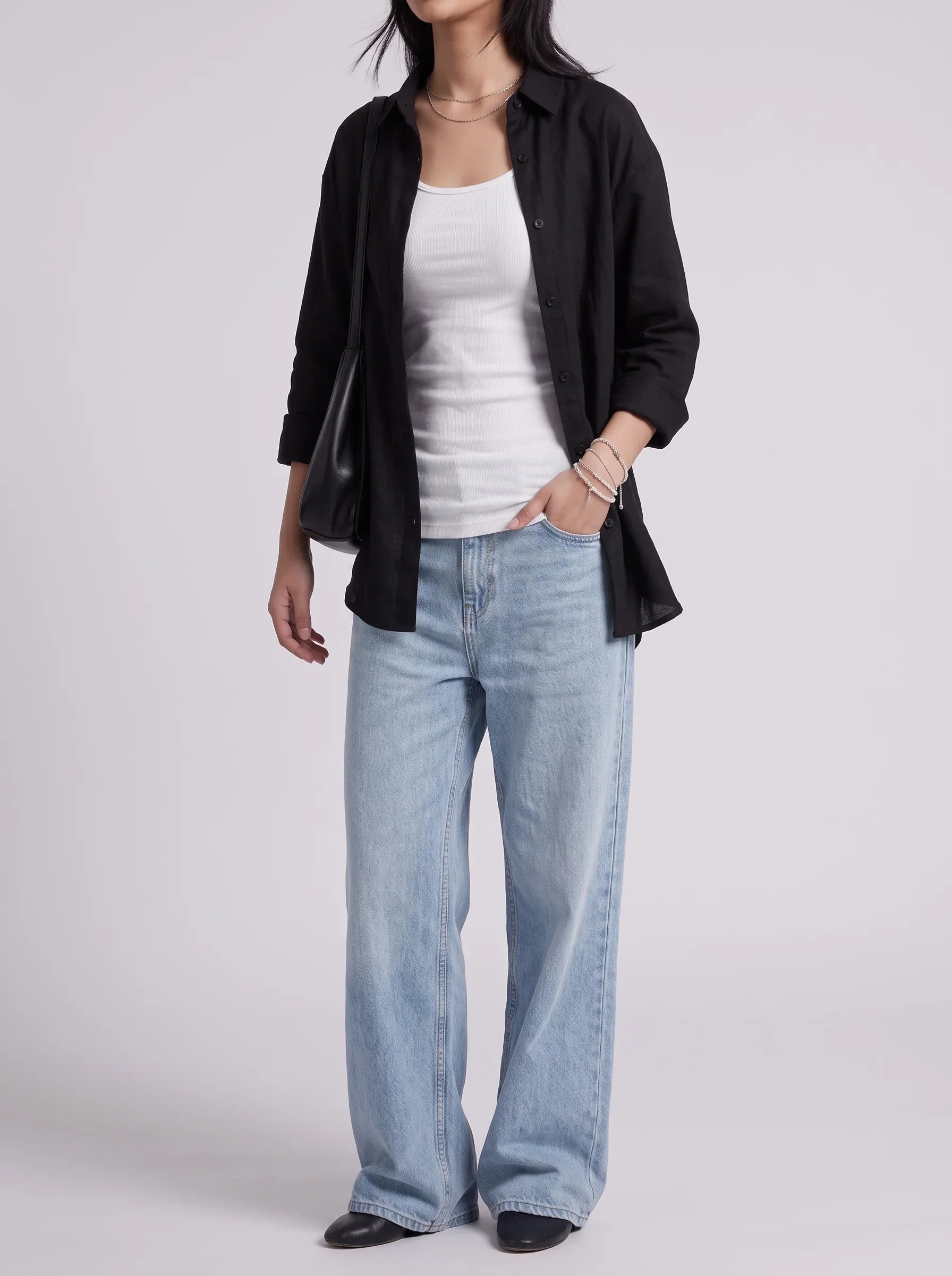 3Pc - Button Down Shirt With White Inner & Sky Blue Wide Leg Jeans