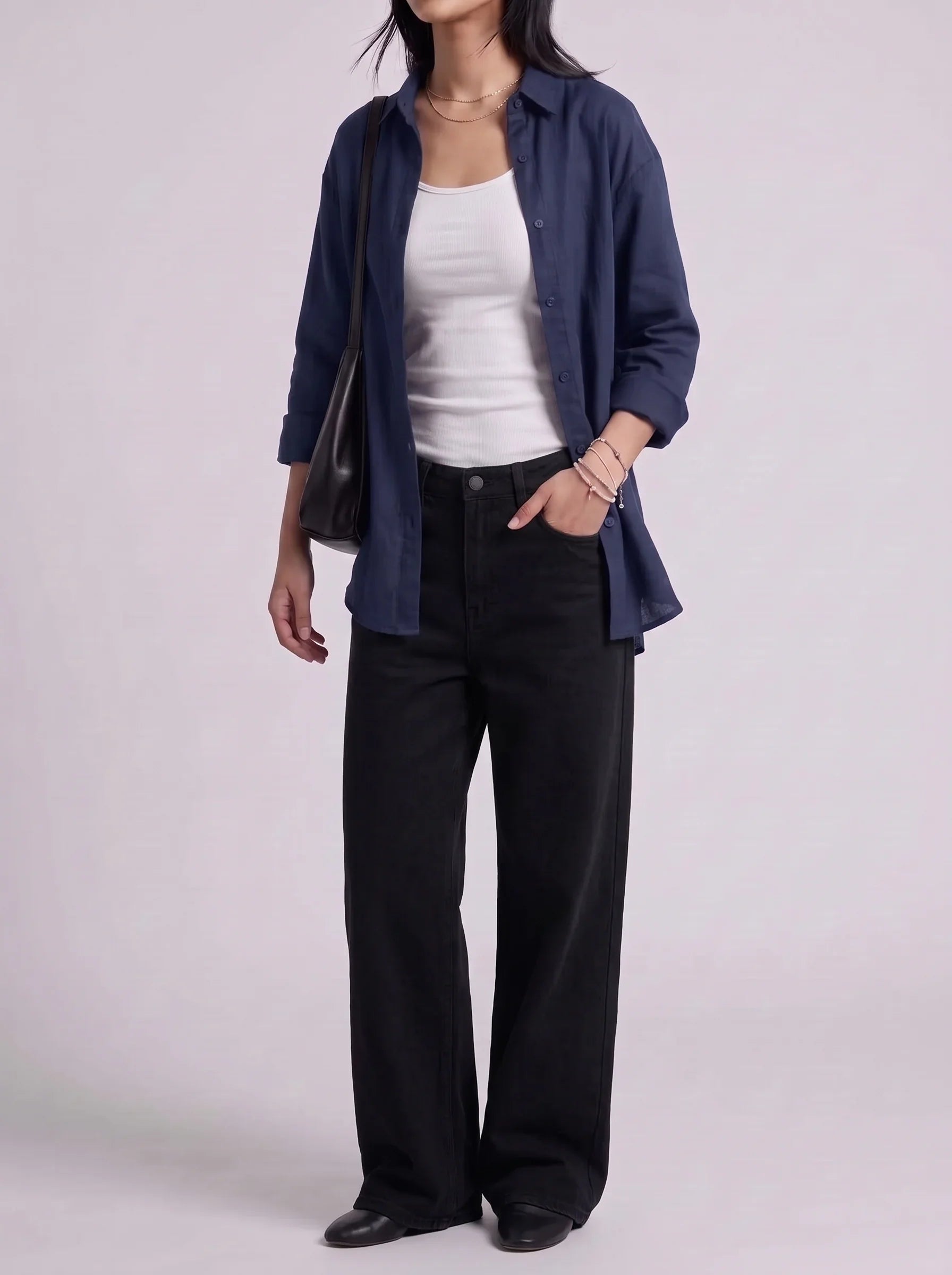 3Pc - Button Down Shirt With White Camisole & Black Wide Leg Jeans