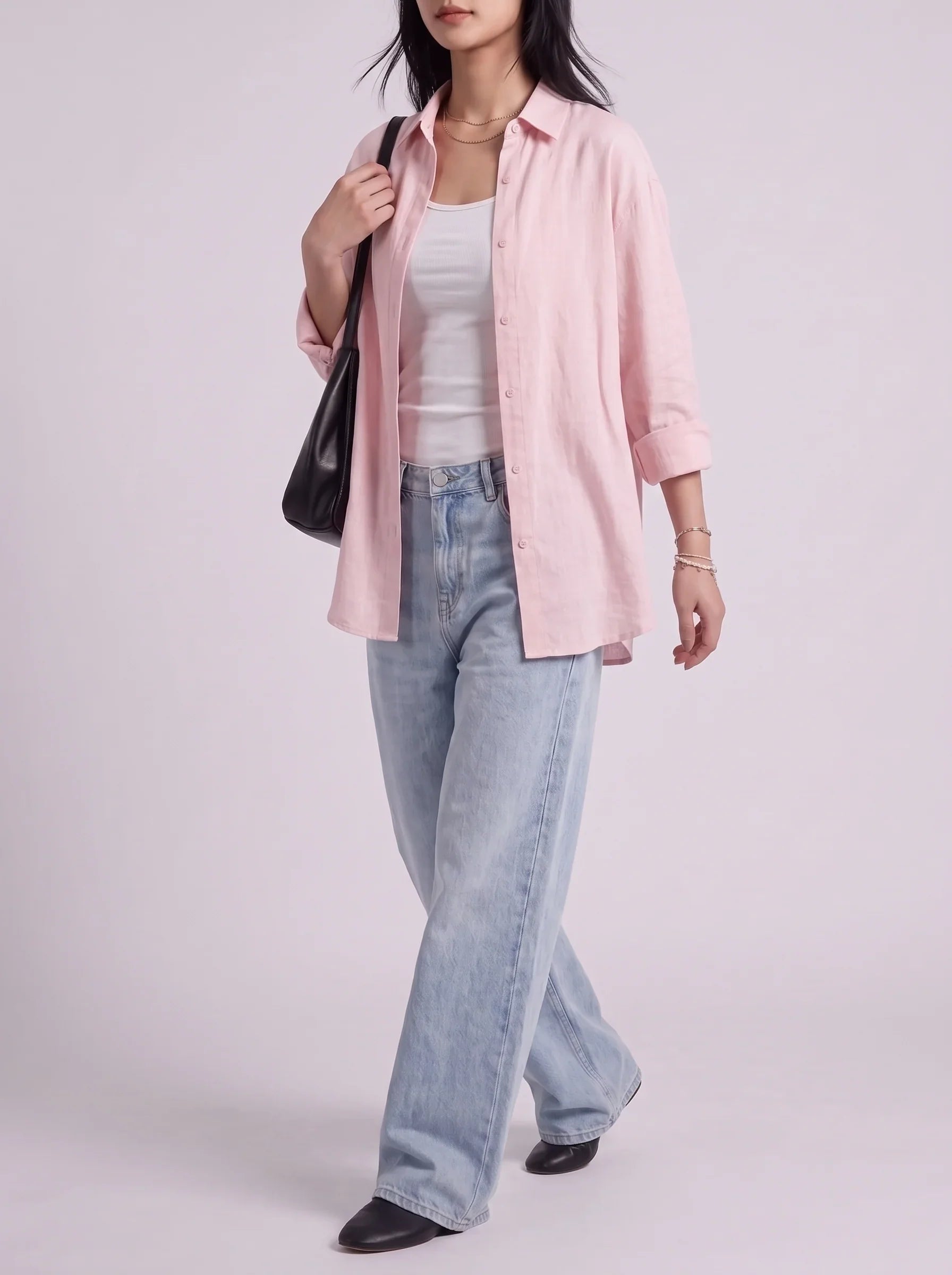 3Pc - Button Down Shirt With White Inner & Sky Blue Wide Leg Jeans
