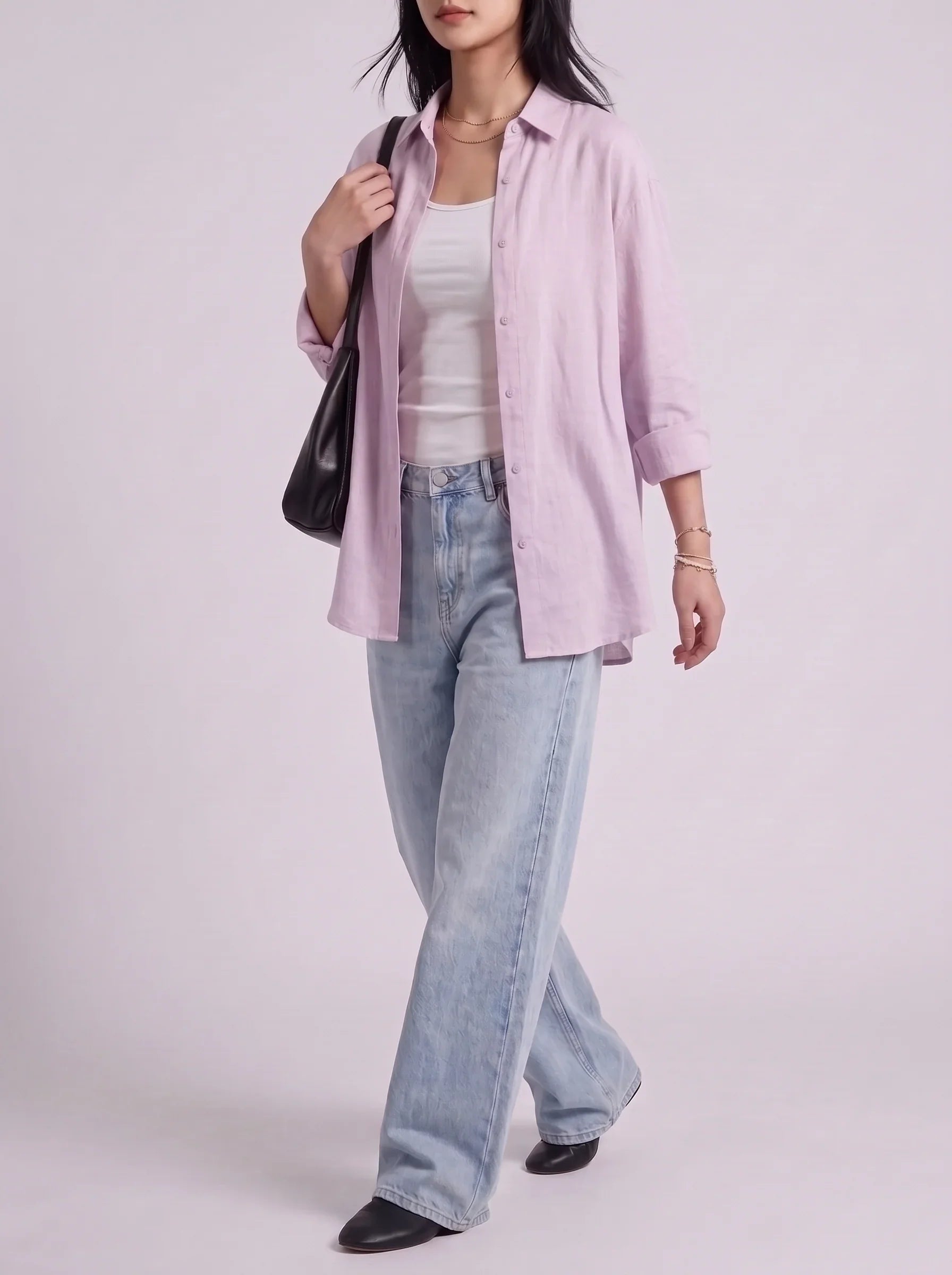 3Pc - Button Down Shirt With White Inner & Sky Blue Wide Leg Jeans