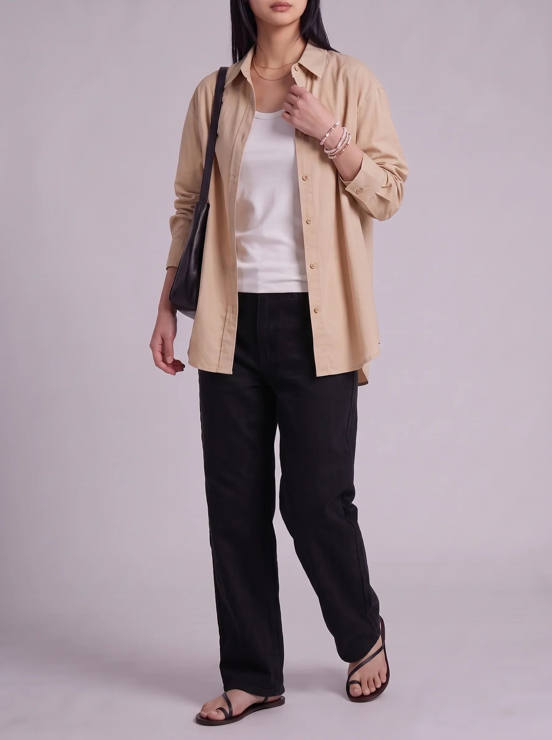 3Pc - Button Down Shirt With White Camisole & Black Wide Leg Jeans