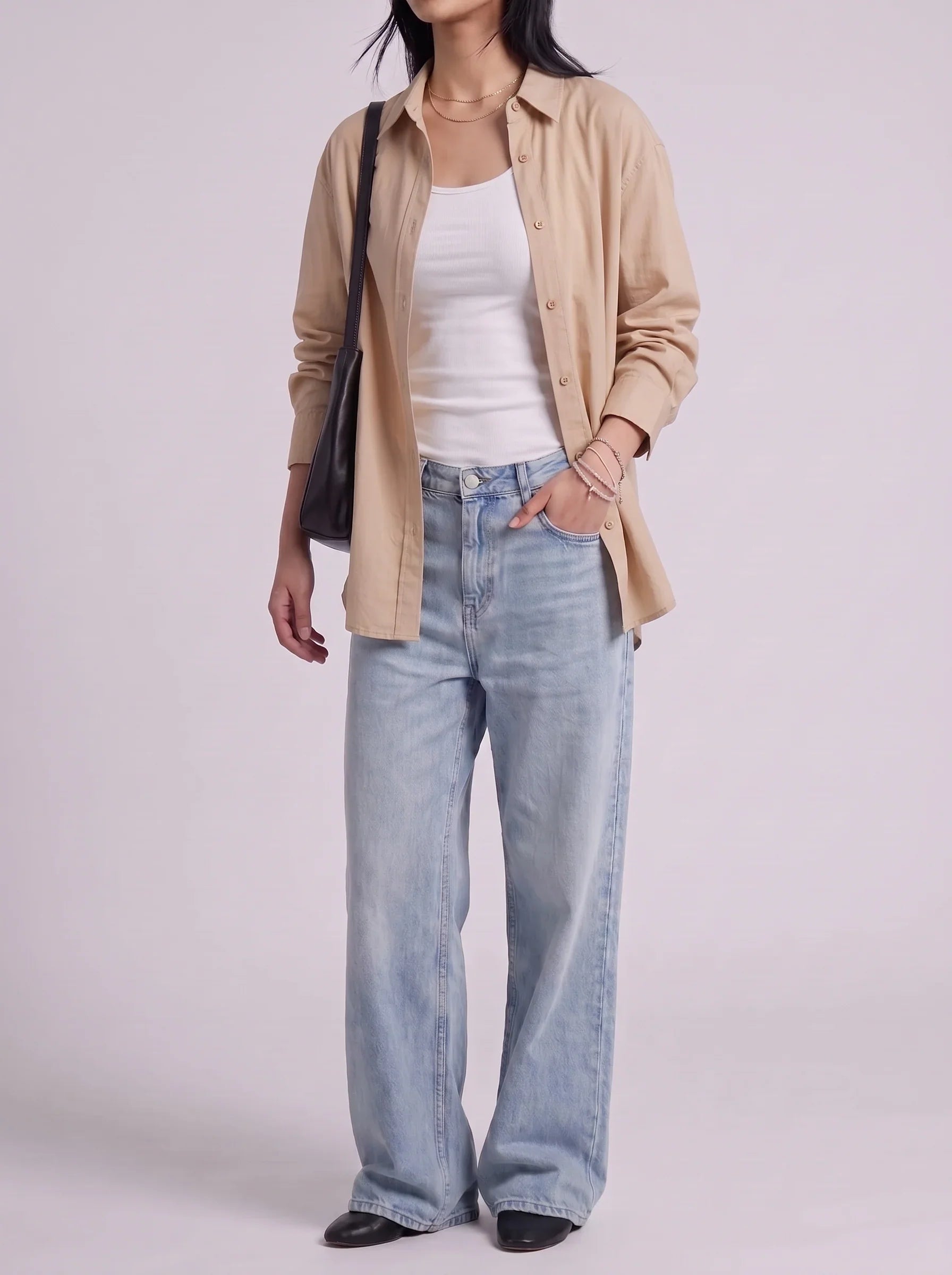 3Pc - Button Down Shirt With White Inner & Sky Blue Wide Leg Jeans