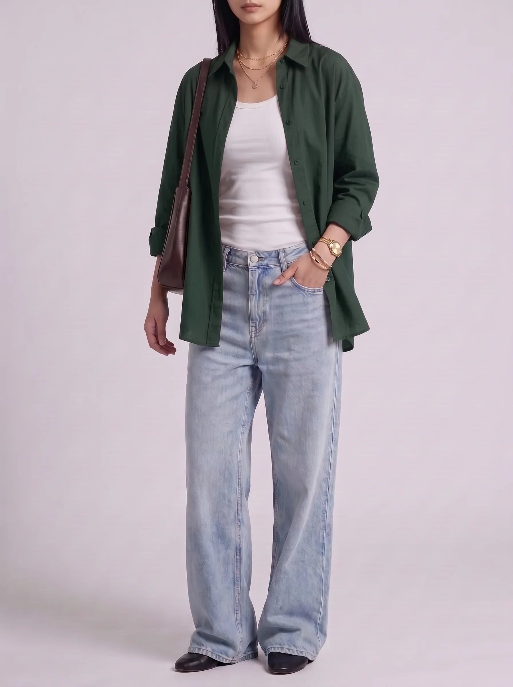3Pc - Button Down Shirt With White Inner & Sky Blue Wide Leg Jeans