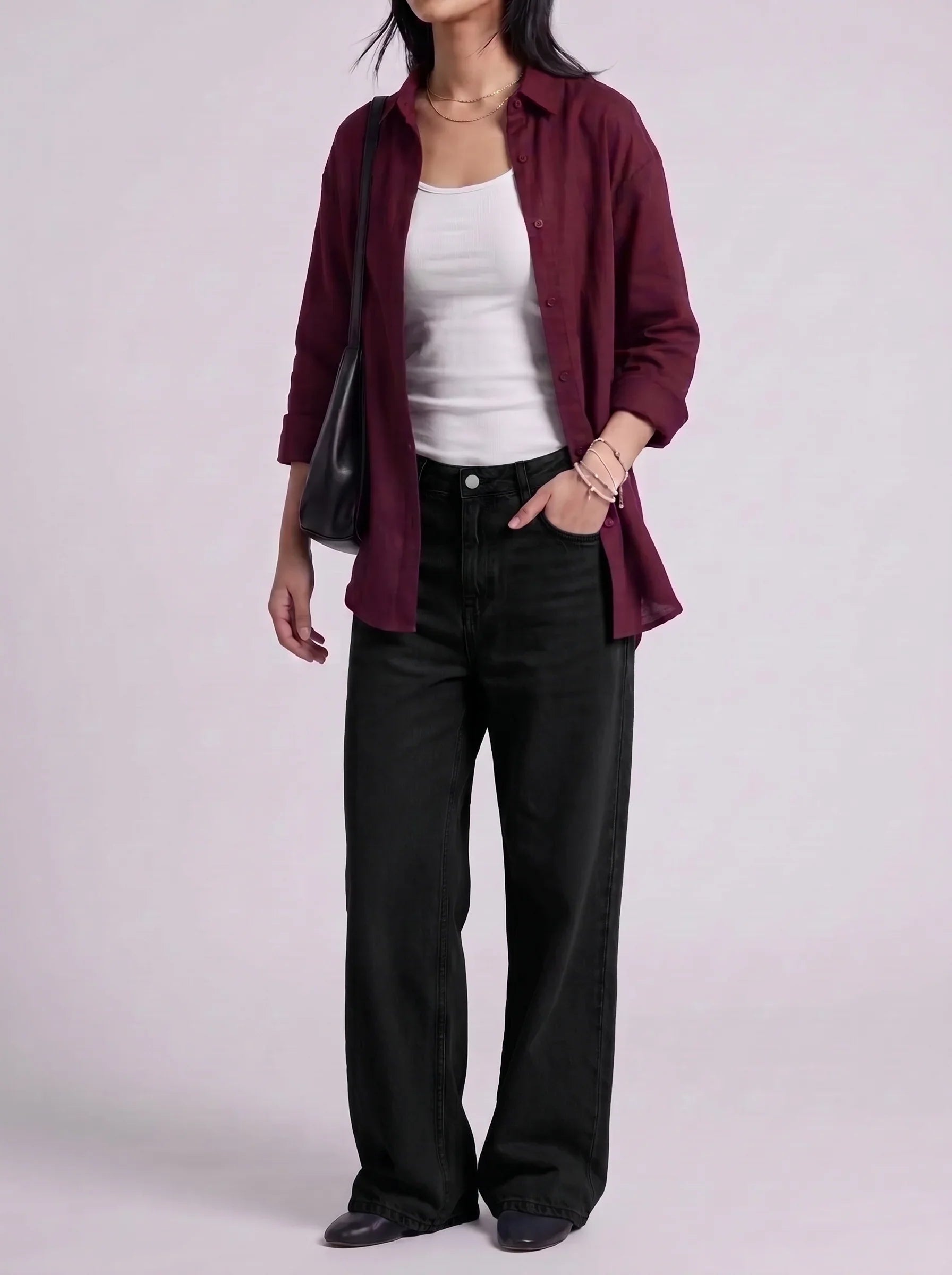 3Pc - Button Down Shirt With White Camisole & Black Wide Leg Jeans
