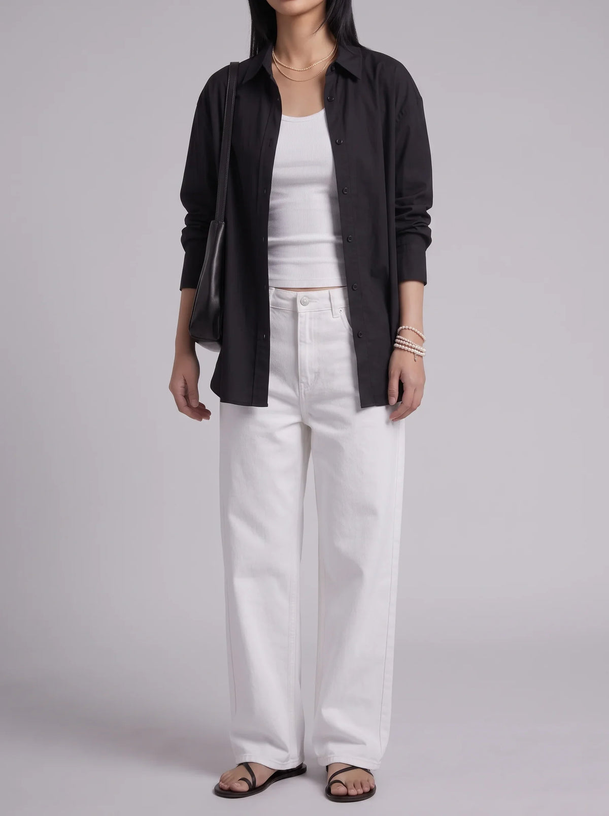 3Pc - Button Down Shirt With Inner & White Wide Leg Jeans