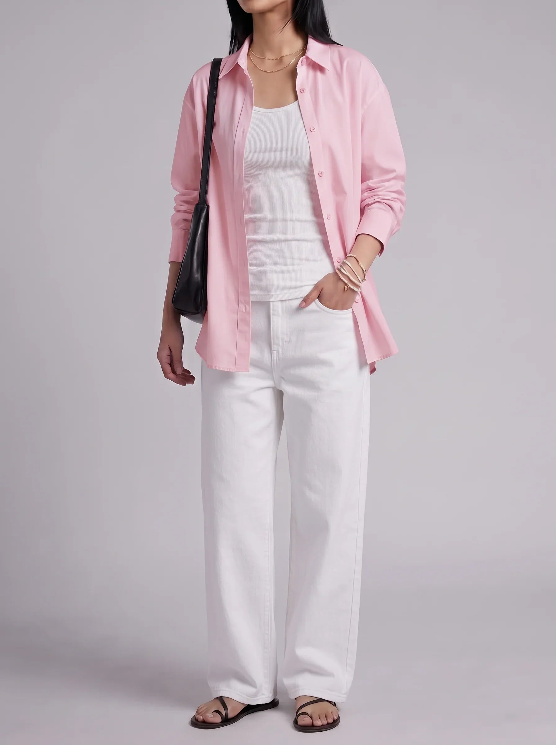 3Pc - Button Down Shirt With Inner & White Wide Leg Jeans