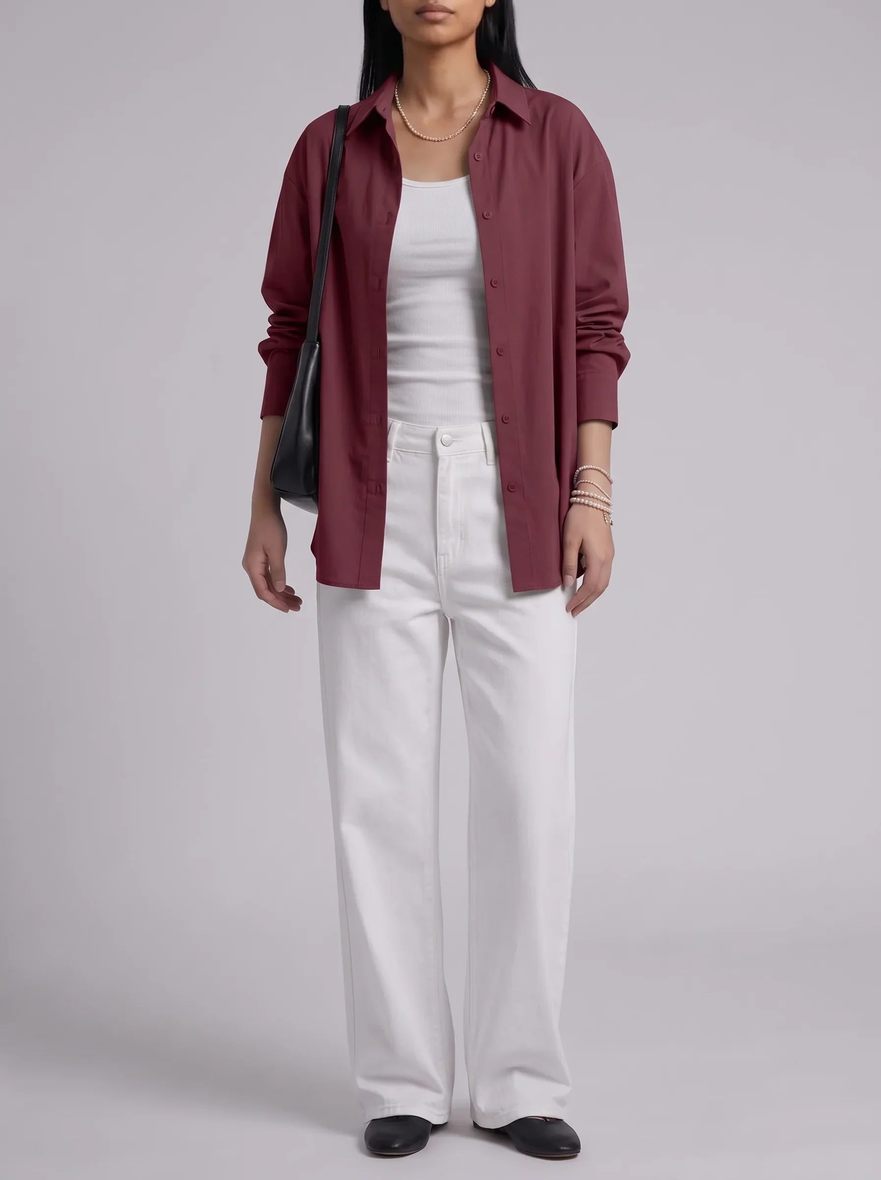 3Pc - Button Down Shirt With Inner & White Wide Leg Jeans