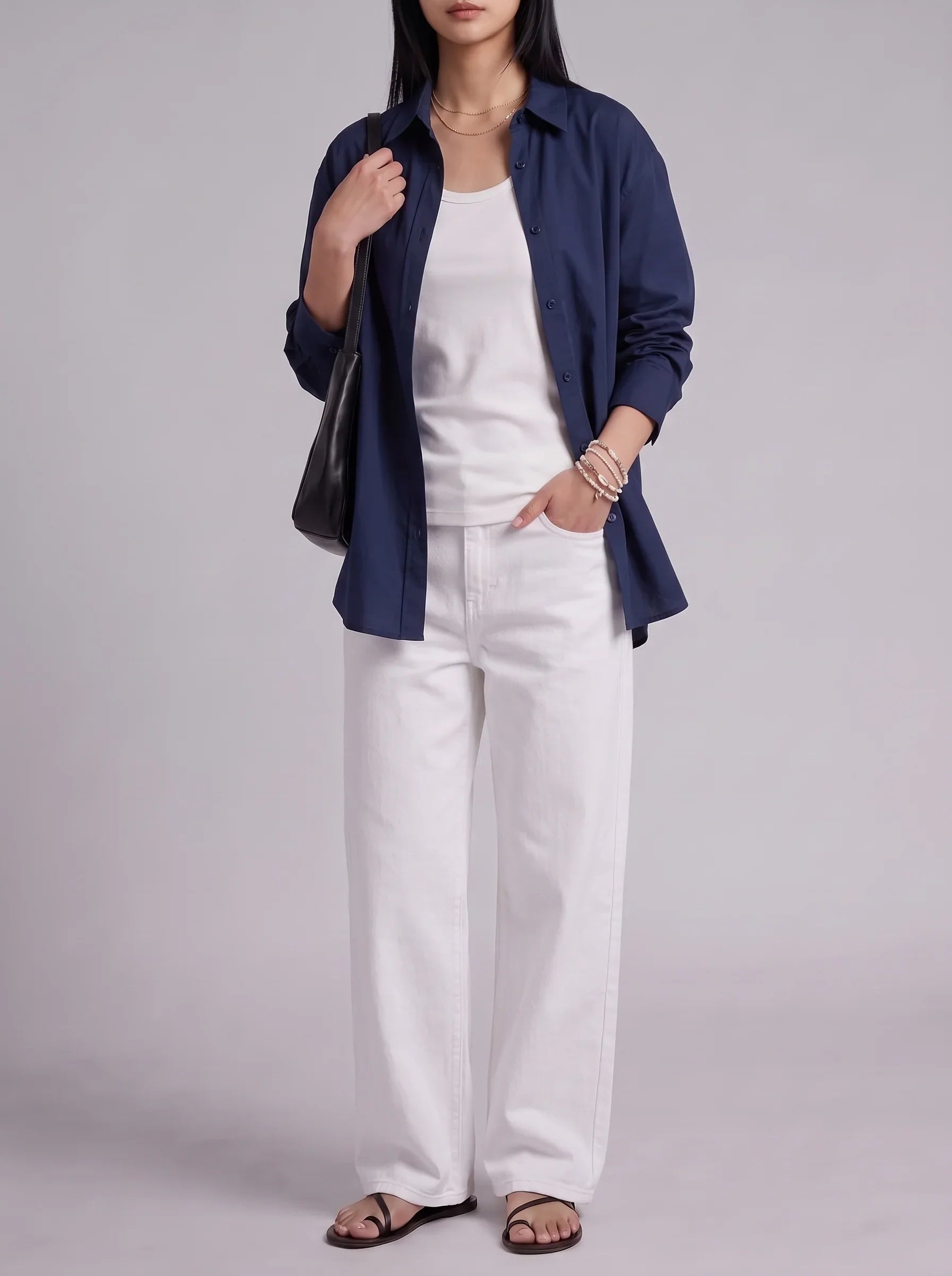 3Pc - Button Down Shirt With Inner & White Wide Leg Jeans
