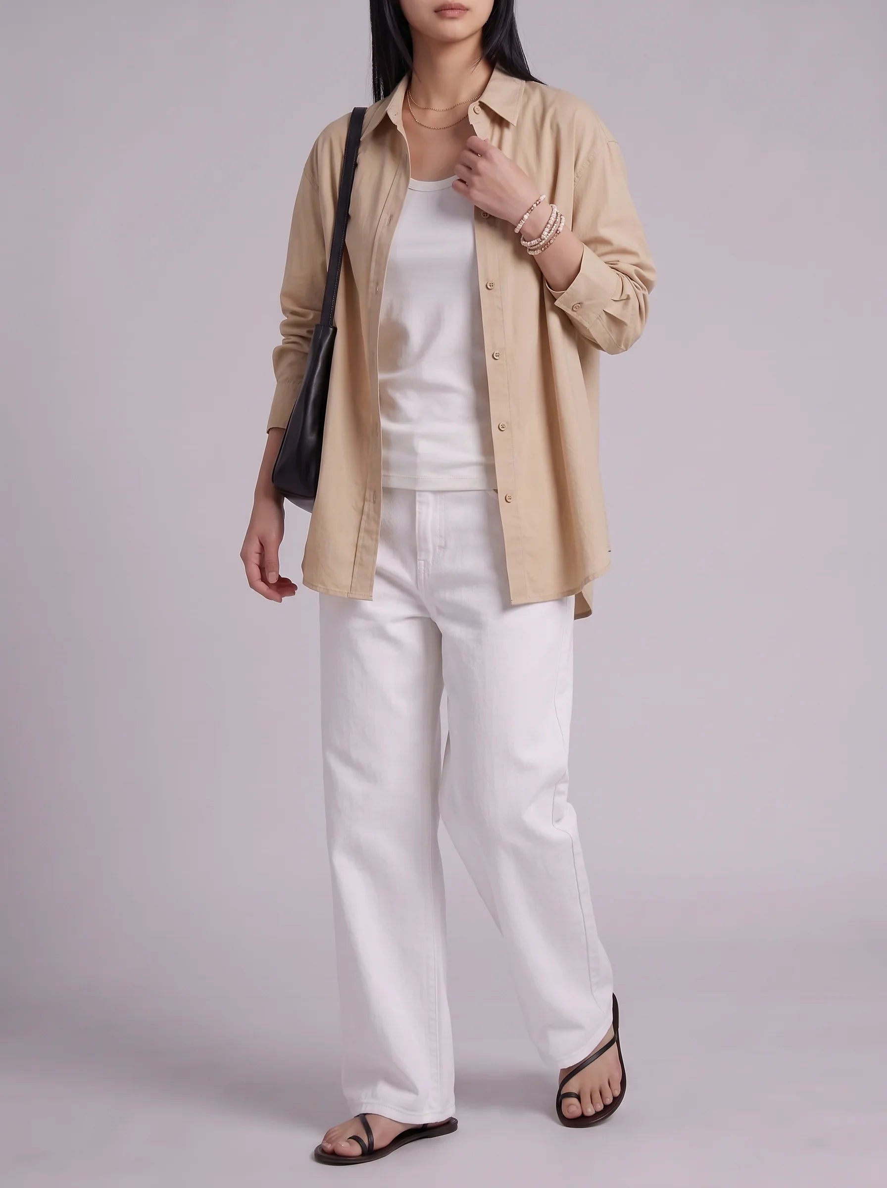3Pc - Button Down Shirt With Inner & White Wide Leg Jeans